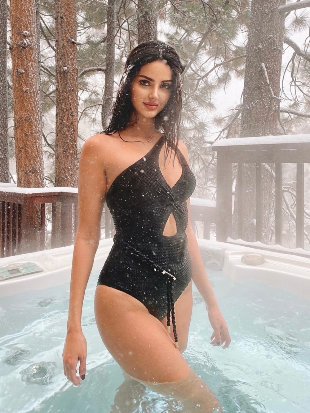 MOEVA Pam Black One-Shoulder Cutout Textured One-Piece Swimwear with belt